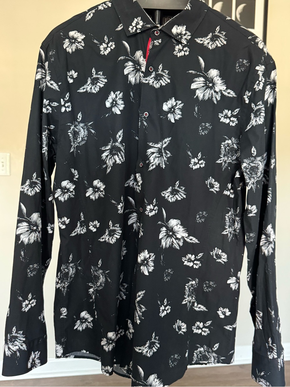 Spazio Uomo Men's Black/White Floral Cotton Woven LS Button-Down Shirt XL